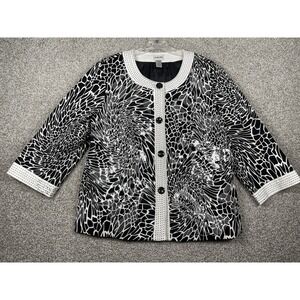 Women's CHICO'S Button Front Black White Pattern Lined Sz 3 (XL) Textured Jacket